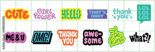Colorful stickers with phrases like 'cute', 'thank you', and 'hello'. Expressive words like 'cute', 'thank you', and 'hello' in vibrant designs. Fun typography illustration vector set.