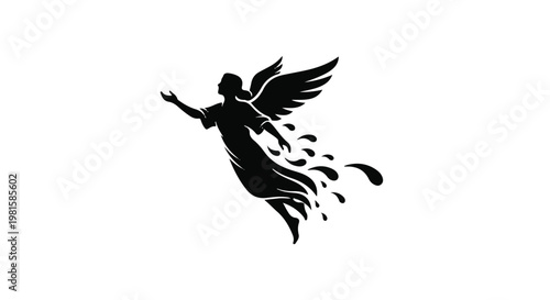 black silhouette angel flying with wings and flowing dress