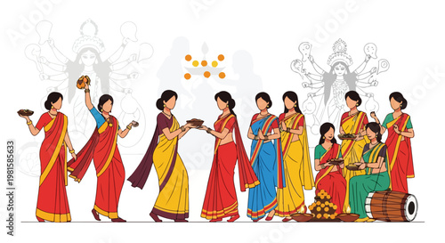 Indian women in colorful sarees celebrate Durga Puja with dance, music and food