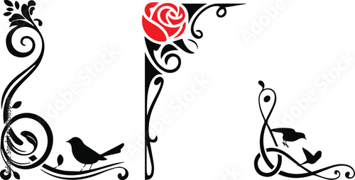 Corner flourish with birds and clef motif