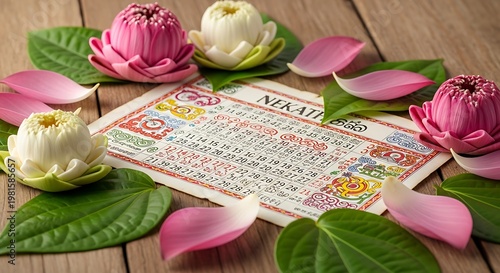 Traditional Sri Lankan New Year Calendar (Nekath Seethara) with Betel Leaves and Lotus Flowers on Wooden Background