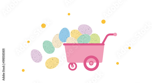 A vibrant pink wheelbarrow overflows with a bountiful collection of colorful speckled Easter eggs amidst a scattering of delicate white daisies on a clean field.