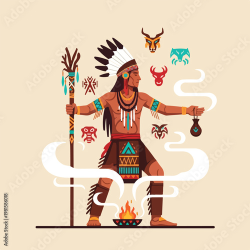 Native American shaman illustration holding a staff by a ritual fire with smoke
