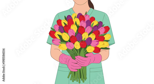 A healthcare worker dressed in a light green scrub top and bright pink gloves holds a massive arrangement of colorful spring tulips against their uniform.