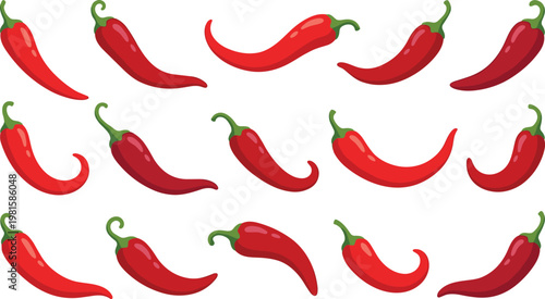Hand drawn red chili pepper seamless pattern vector illustration spicy vegetable food background with glossy curved peppers design