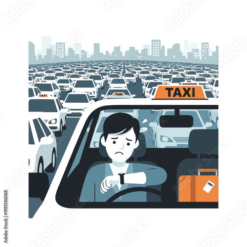 Stressed man in a taxi checks his watch during a heavy traffic jam in the city