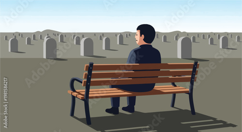 Man sitting on a wooden park bench looking at a vast field of gray tombstones
