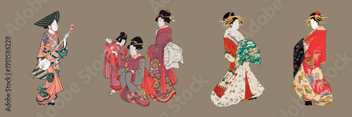 Illustration of traditional Japanese women in kimonos. The women wear ornate kimonos, showcasing Japanese culture and traditional attire. Elegant kimono designs. Asian illustrations, element set.
