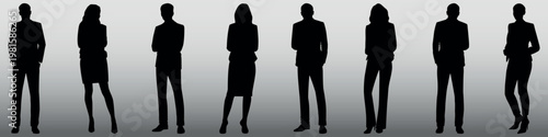Silhouettes of diverse business professionals standing confidently. Group of men and women in formal attire. Business, professionals, diverse, silhouettes. Business element set.