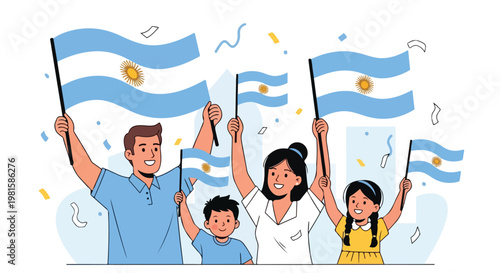 Happy family waving Argentinian flags celebrating national day with confetti