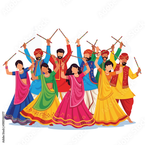 Vibrant Indian dancers in traditional dress performing Dandiya Raas with sticks