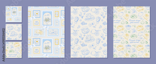 Coquette french breakfast pattern set with blue and yellow sketch morning food seamless. Seamless croissant and coffee collection as cute brunch cup cheese background. Whimsical lemon cafe doodle