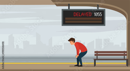 Sad man waiting at a train station platform viewing a delayed trip schedule board