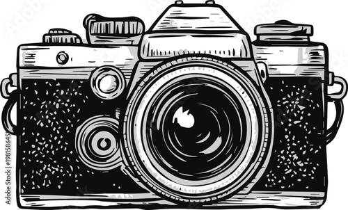 Movie camera front view with lens and controls