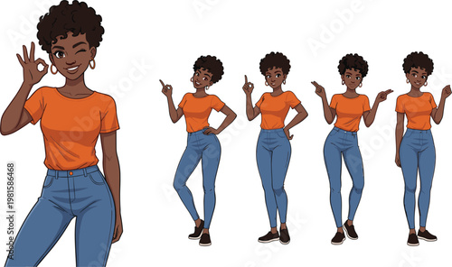 Anime style vector character set of a young black woman with afro hair in orange shirt and jeans featuring different poses including okay sign and pointing for diverse lifestyle marketing