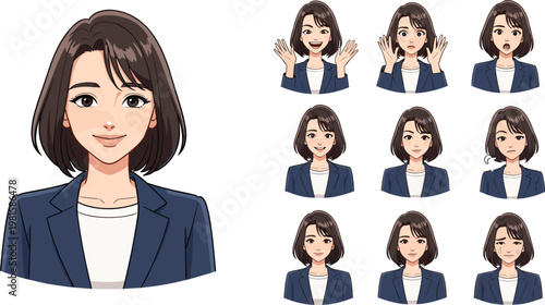 Flat vector character set of a professional businesswoman in a blue suit with various facial expressions including happy surprised and serious poses.