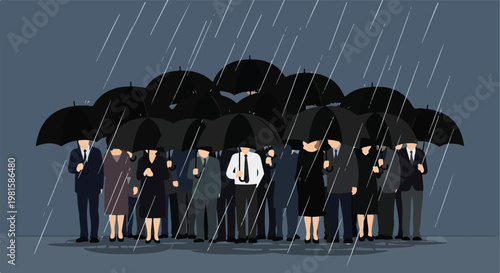 Group of business people with black umbrellas in rain, one man in white shirt