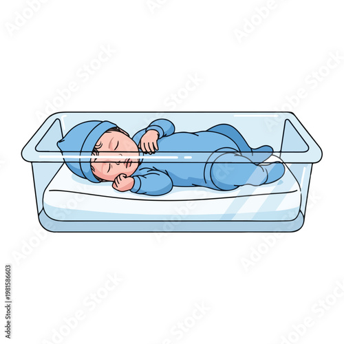 A cartoon of a sleeping newborn baby in blue pajamas resting in a clear bassinet
