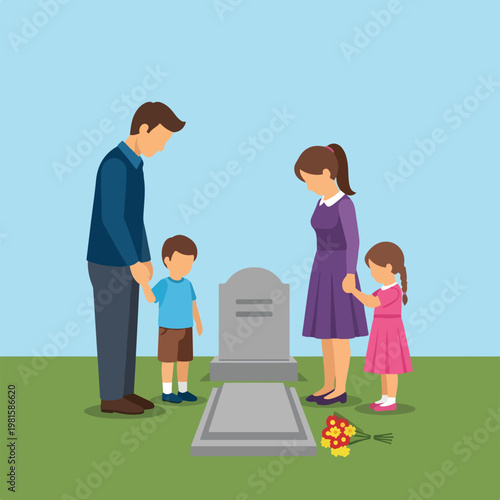 Family mourning together at a tombstone in a cemetery with flowers on the grass