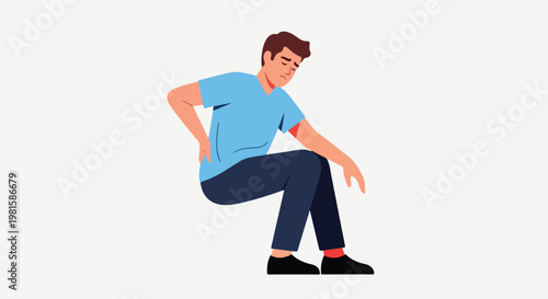 Unhappy man sitting while clutching his painful lower back, vector illustration