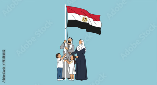 An Egyptian family raising national flag in minimalist and clean flat style art