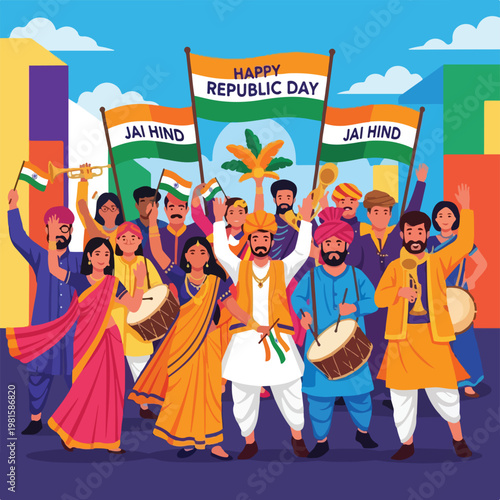 A vibrant parade of Indian people celebrating Republic Day with flags and music