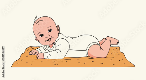 An adorable baby in a white onesie doing tummy time on a soft orange blanket mat