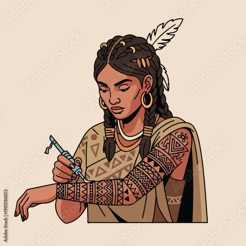 A tribal woman with braids and feathers tattooing her arm with a modern machine