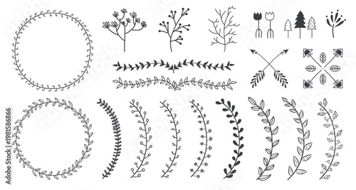 Collection of hand-drawn floral elements, including leaves, branches, and wreaths. Floral designs with leaves and branches for decoration. Nature illustrations, vector set.
