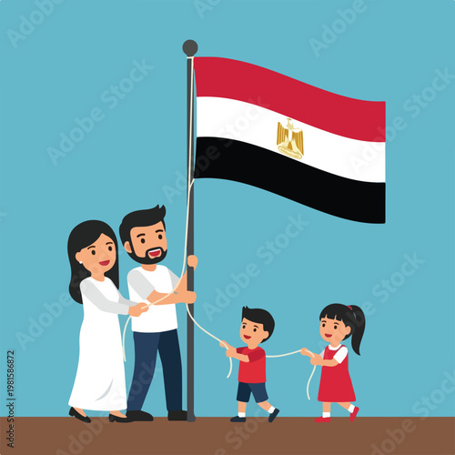 Cartoon family happily hoists Egyptian flag on a pole against a blue background