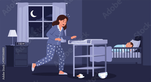 Exhausted mom in pajamas at 3 AM rushing to a changing table near sleeping baby