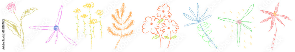 Fototapeta premium Colorful crayon flowers drawn in a playful style. Crayon flowers bring a whimsical touch. Crayon flowers in vibrant hues create a joyful scene. Doodle illustrations, vector set.