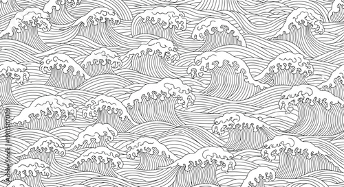 Traditional Japanese style wave pattern in black and white features many curling ocean waves creating a sense of dynamic movement.