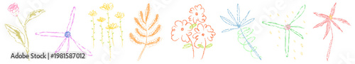 Colorful crayon flowers drawn in a playful style. Crayon flowers bring a whimsical touch. Crayon flowers in vibrant hues create a joyful scene. Doodle illustrations, vector set.