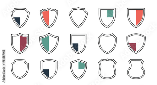 Multiple shield icons with different shapes and small colored segments are presented for security, defense, or insurance applications.