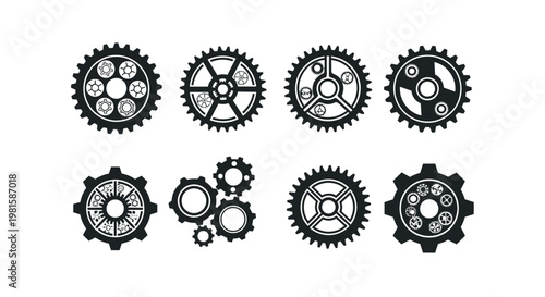 Collection of various mechanical gear and cogwheels in solid black is shown for industrial, technical, and engineering themed designs.