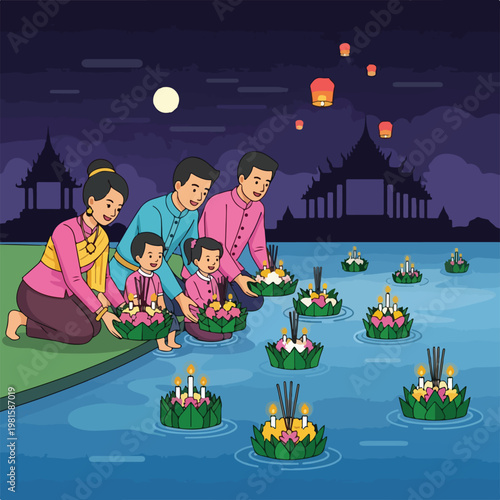 Happy family releases lotus flower baskets on the river during a night festival
