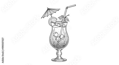 Vintage style black and white line drawing of a tropical cocktail in a hurricane glass with an umbrella and garnish.