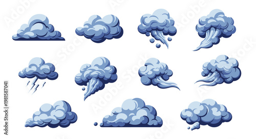 Set of stylized blue clouds featuring various weather conditions like wind and lightning for gaming and comic illustrations.