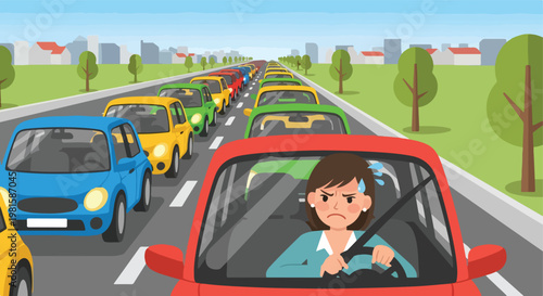 Frustrated woman driving a red car stuck in heavy highway traffic on a sunny day