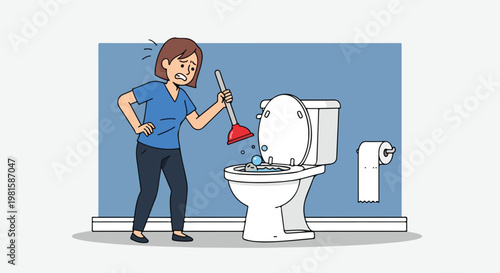 A stressed woman holding a red plunger over a clogged toilet in a bathroom scene