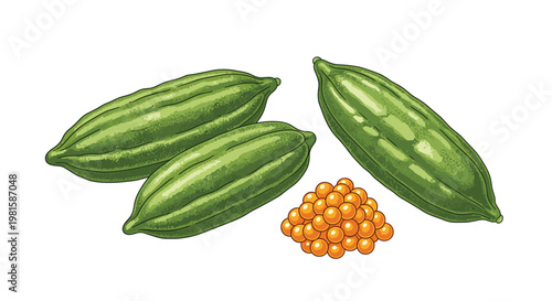 Illustration of whole green cardamom pods with a pile of aromatic seeds isolated on a white background for culinary use.