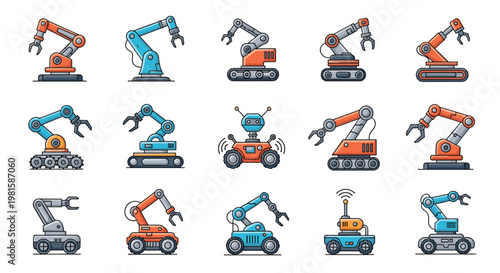 Collection of industrial robotic arms and mobile automated robots in blue and orange colors for technology and manufacturing concepts.