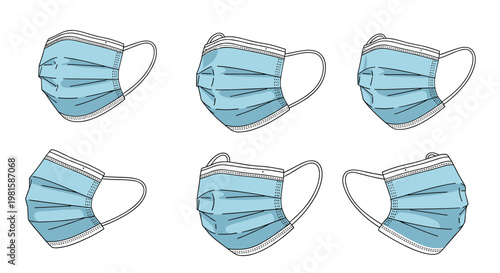 Blue surgical medical face masks shown from multiple angles to illustrate protective gear for health and safety measures.