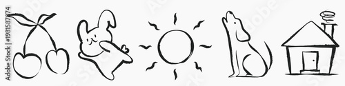 Canvastavla Simple black line drawings: cherries, playful bunny, sun, howling dog, and house