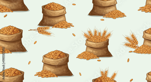 Seamless pattern with burlap sacks filled with grain and scattered wheat ears for a rustic farm and agricultural background.