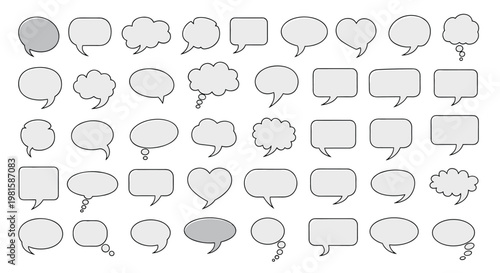 Big collection of various gray speech and thought bubbles in different shapes and styles for comic and dialogue design elements.