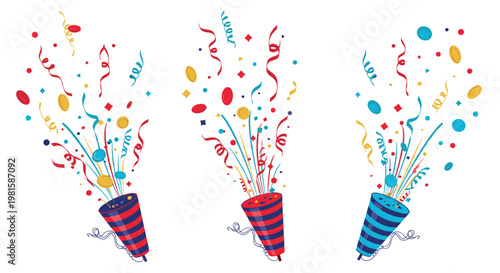 Trio of colorful party poppers with red and blue stripes bursting with festive confetti and streamers for celebration designs.