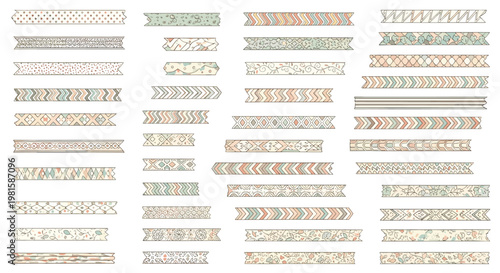 Collection of decorative washi tape strips with various patterns colors and geometric designs for scrapbooking and crafts.