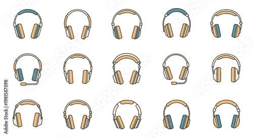 Variety of wireless headphones and communication headsets with microphones in soft tan and blue tones for audio equipment display.
